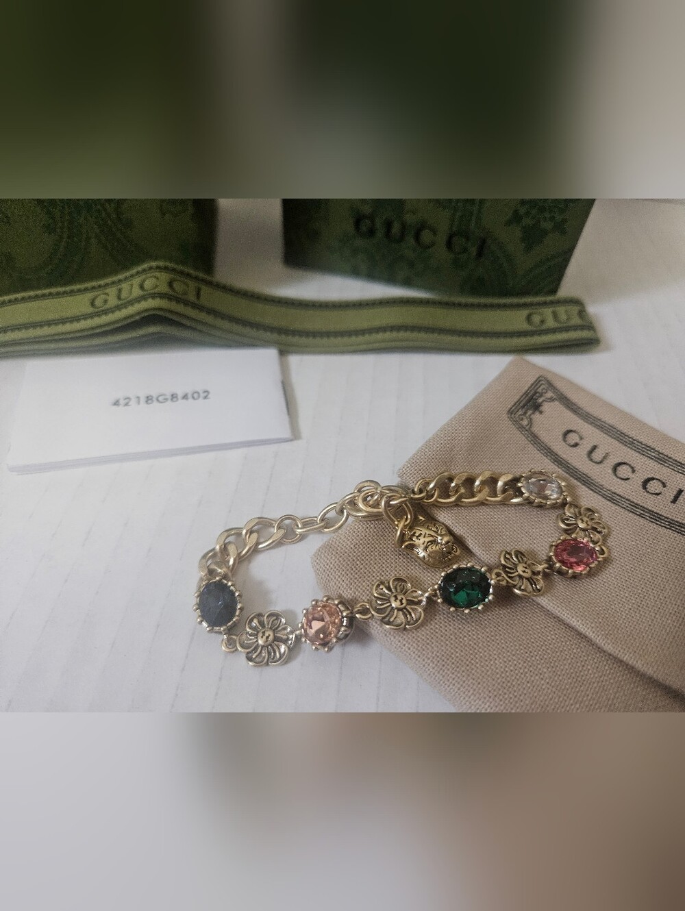 Gold-Tone Floral Crystal Bracelet in Green and Pink